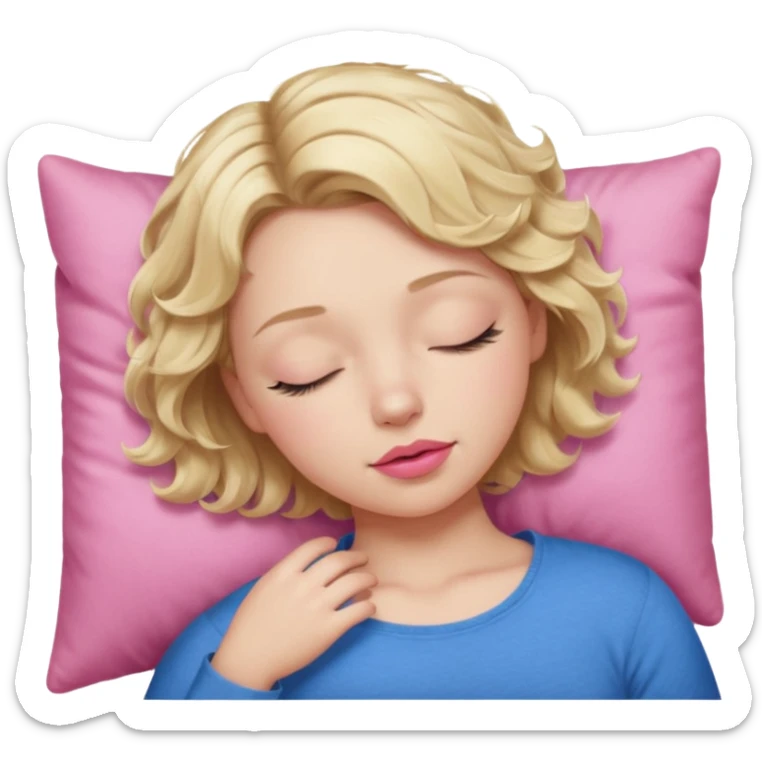 Girl Blonde short wavy hair,  blue eyes, cute blue top, long lashes, pink lips, sleeping eyes closed, catching zzzz  sticker