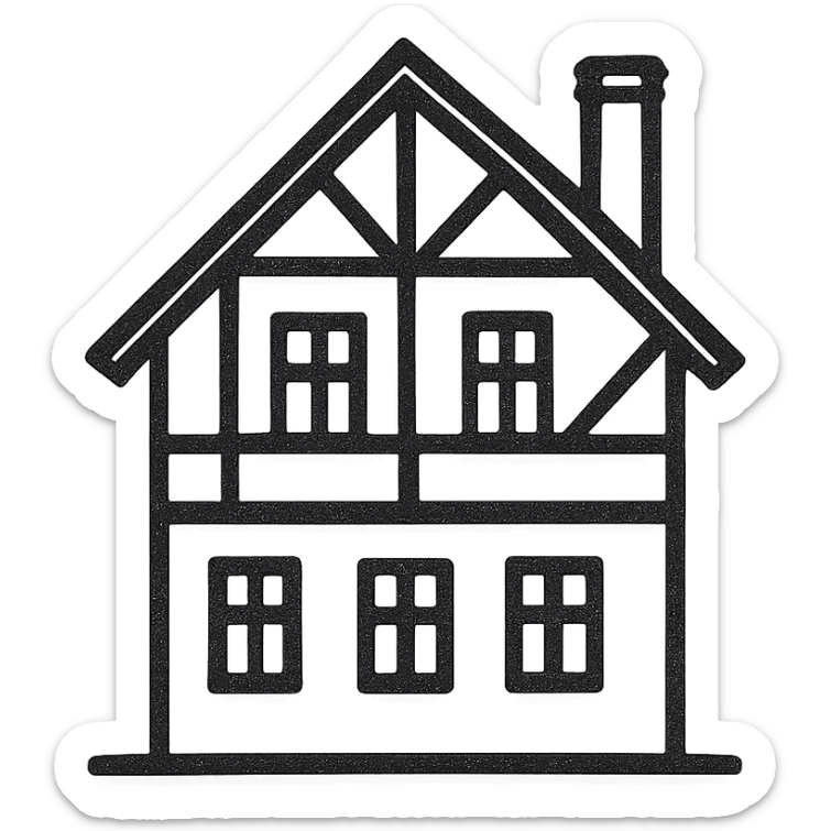 Icon of a house in Kaliningrad, hand drawn, black outlines, no fill, simple and clean, side view sticker