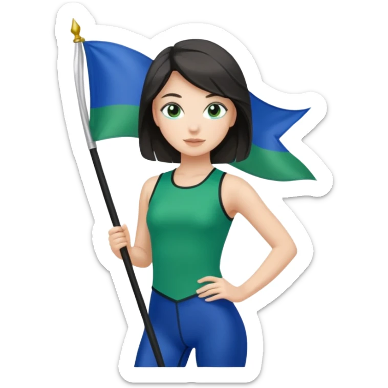 emoji style colorguard girl with a green and blue flag, black leggings, green and blue top, mid-performance sticker