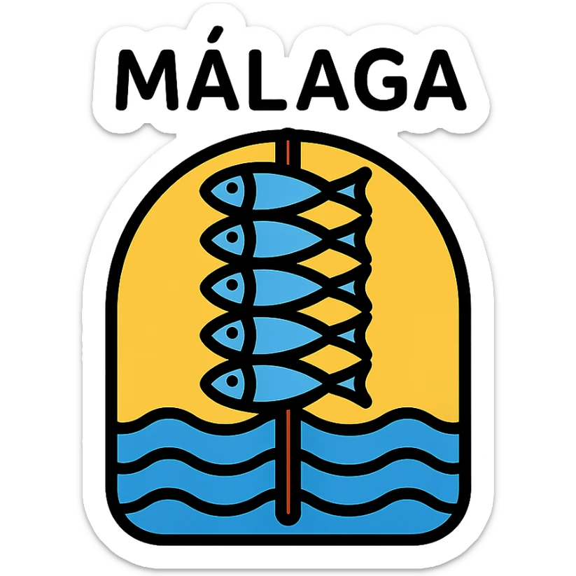 icon of Málaga with a stylized sardine skewer (espeto) and sea, minimal geometric icon style sticker