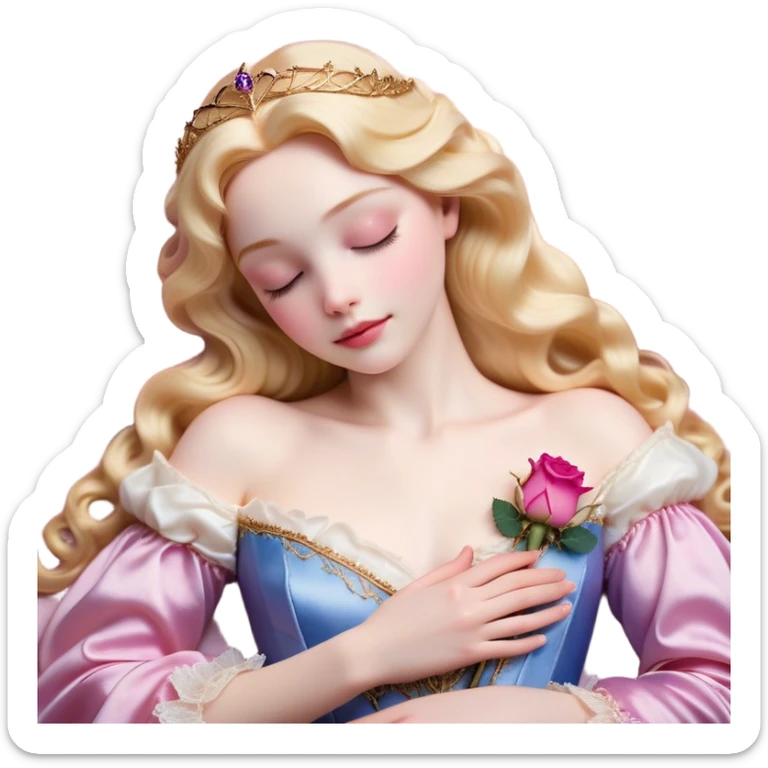 Cinematic Realistic Sleeping Beauty (Aurora) Portrait, with porcelain-like skin featuring a natural rosy flush, illuminated by soft lighting that highlights the gentle contours of her face. Her golden blonde hair flows in soft, detailed waves with subtle highlights that shimmer in the light. Her deep violet-blue eyes radiate warmth and innocence, framed by arched brows and long lashes. With a soft, serene smile, she holds a delicate rose gently in one hand, her other hand resting lightly by her side. She is dressed in her classic pink gown, the fabric rich in texture with delicate folds that catch the light. A golden crown rests atop her head, gleaming with royal refinement. The portrait captures a soft, glowing aura, blending realism with an ethereal sense of beauty and timeless enchantment. sticker