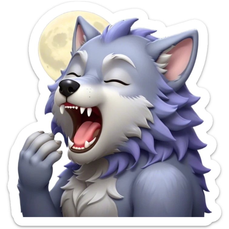 Cinematic Cute Yawning Werewolf Portrait Emoji, with a cuddly, miniature lupine form in soft moonlit grays and silvers, head leaning back in a big, adorable yawn that reveals a few fuzzy teeth, simplified yet irresistibly charming, highly detailed with a soft glowing outline that captures the drowsy, playful essence of a werewolf mid-nap! sticker