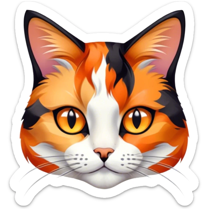 Cinematic Noble Calico Cat Portrait Emoji, Poised and regal, with a striking patchwork fur in vibrant orange, black, and white hues, delicate whiskers and a refined, focused gaze, simplified yet exquisitely detailed, glowing with a soft, moonlit radiance and an air of aristocratic elegance, high shine, exuding dignified intelligence and poised authority, soft glowing outline, capturing the essence of a watchful and noble calico cat that appears ready to grace the screen with effortless majesty! sticker