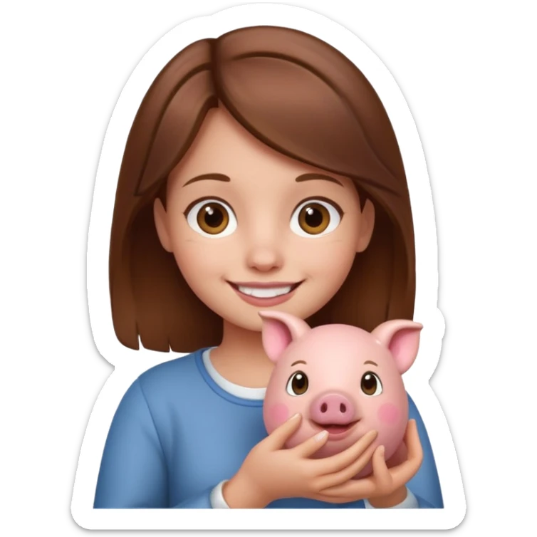 girl with brown hair holding little piggy  sticker