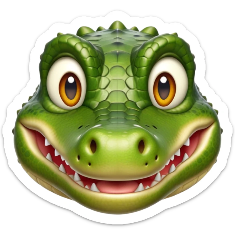 cinematic-realistic-cute-crocodile-portrait-emoji,-head-tilted-playfully-and-inquisitively,-featuring-a-robust,-well-defined-build-with-intricately-detailed,-glossy-olive-green-scales-and-a-surprisingly-endearing-face-with-round,-sparkling eyes sticker