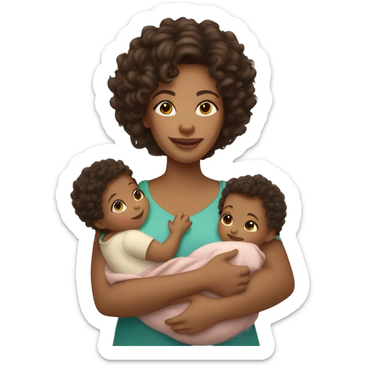 mom with light tan skin, shoulder length dark brown curly hair carrying 2 babies  sticker