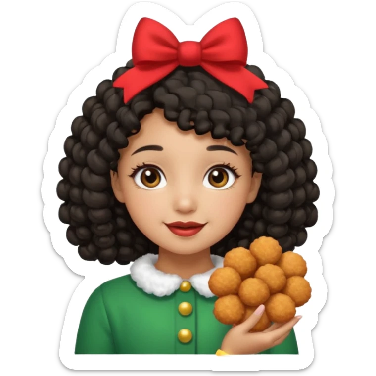 cute girl tan skin, curly black hair chin length, middle part, long eyelashes, cute cheeks, 5'2, outfit croquette style with bows and christmas theme, happy,  sticker