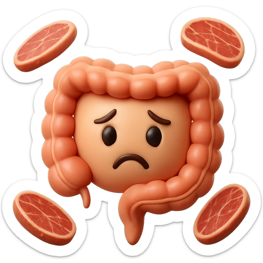 emoji stile iphone in 3d di un intestino triste con fette di carne che gli fluttuano intorno, iperrealistico 4k sticker