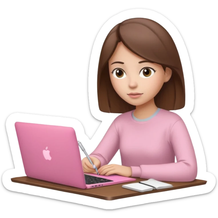 Chica lacia en una MacBook rosa investigando y haciendo tareas sticker