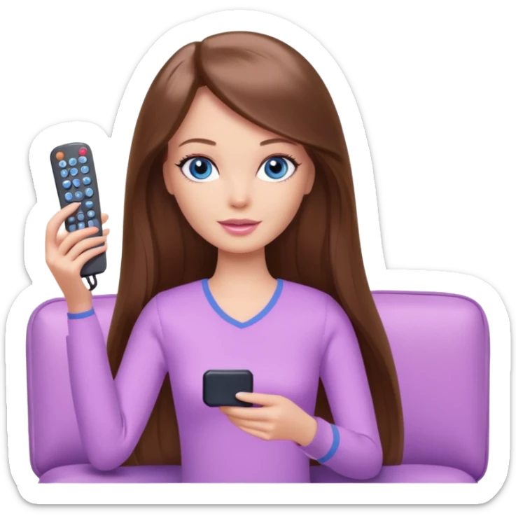 beautiful barbie girl with long brown hair, blue eyes and wearing light purple clothes watching tv sticker