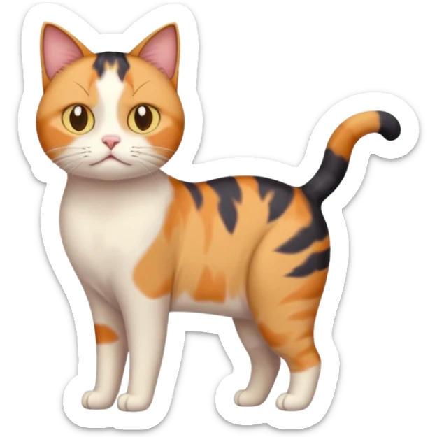 full body calico cat with skinny head and fat body with an anxious face sticker