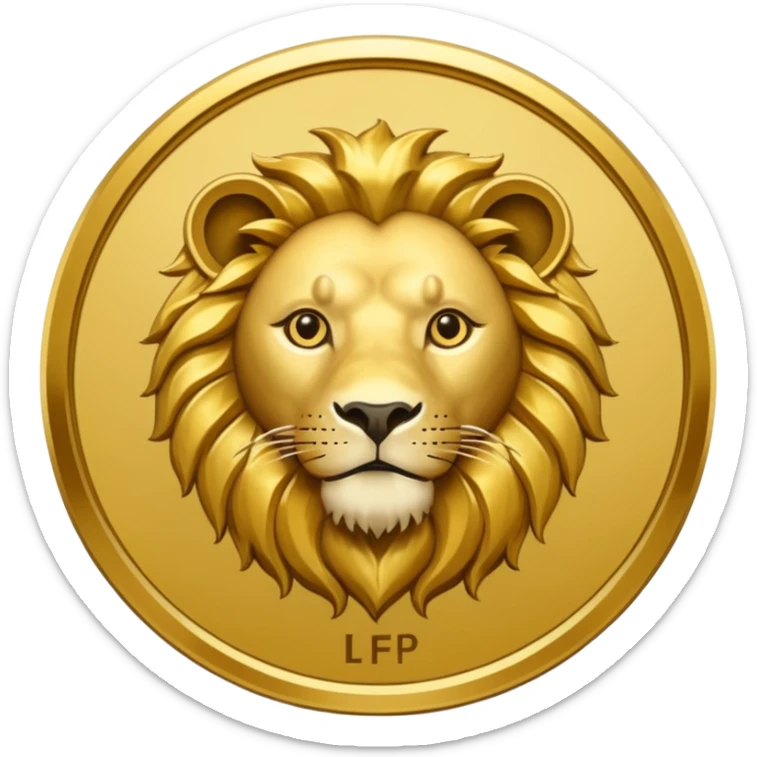 Fais un emoji de pièce d'or ronde avec l'inscription "F" dessus et un lion très détaillé gravé sur la pièce sticker