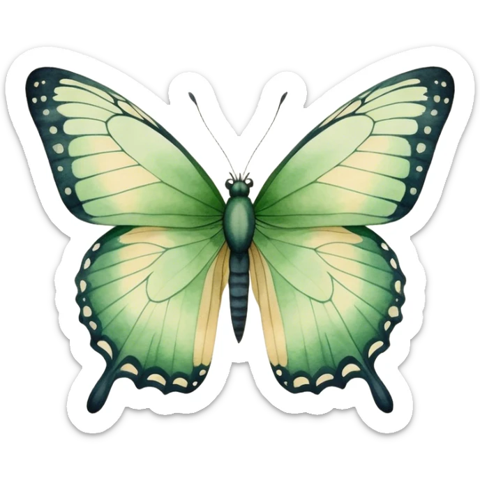 A minimalist watercolor illustration of a butterfly with green hues and fine details, set against a soft beige canvas.
 sticker