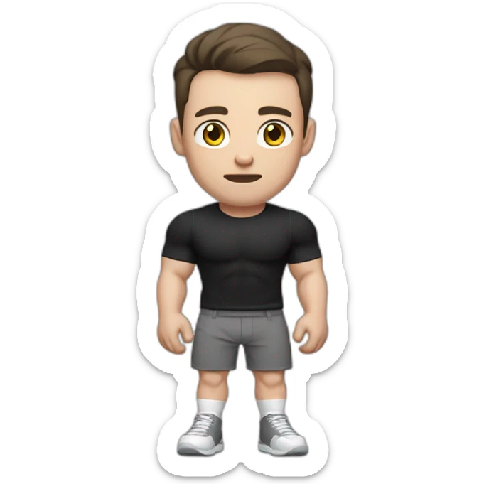Confused Pale skinned Fit Man With the biceps and dark brown hair in black shirt, gray sports shorts and white Sneakers sticker