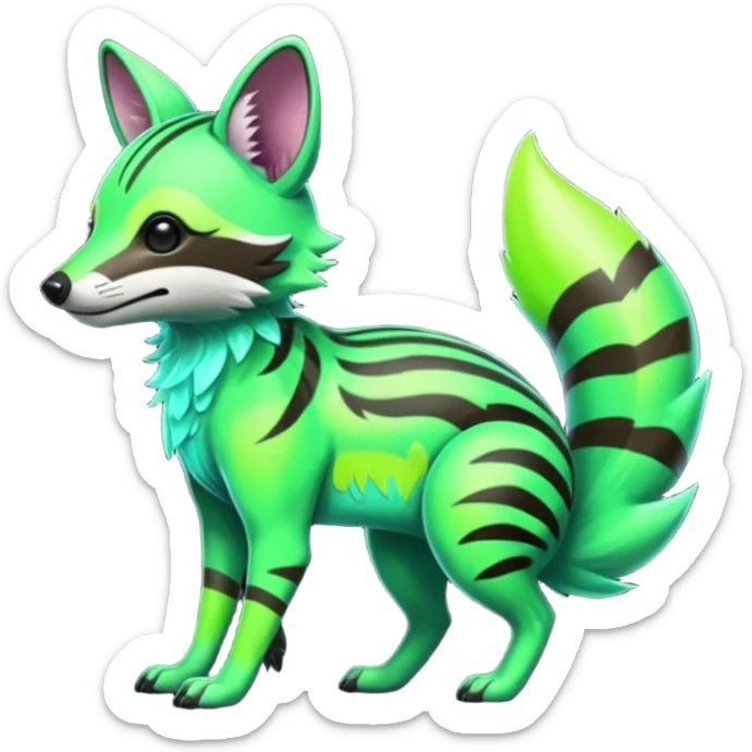 Shiny Green Neon Glossy Aardwolf-Maned-Numbat-Tanuki-Genet-Bobcat-fusion-animal-hybrid-creature, full body sticker