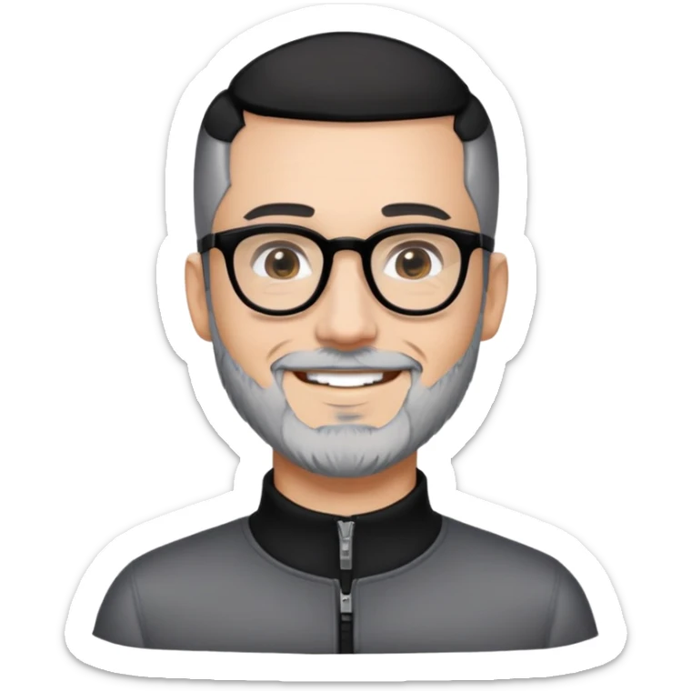Man with light skin, black hair in near-buzz cut style (very minimal length), short peppered gray beard, large black-framed glasses, smiling face, black zip-neck long sleeve shirt sticker