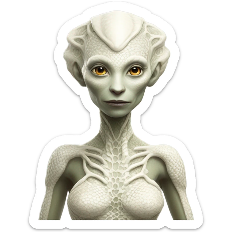 a full body portrait of a Reptilian alien woman with pale white skin and intricate scale patterns sticker