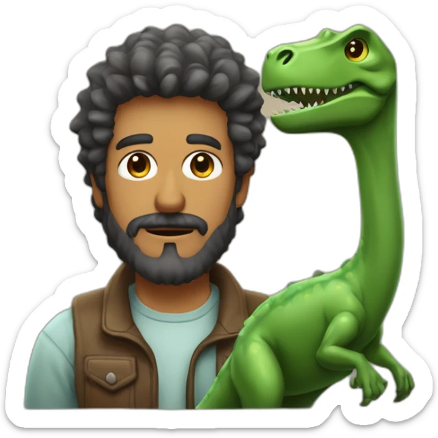hombre de pelo castaño con barba, y ojos verdes Junto a un dinosaurio sticker