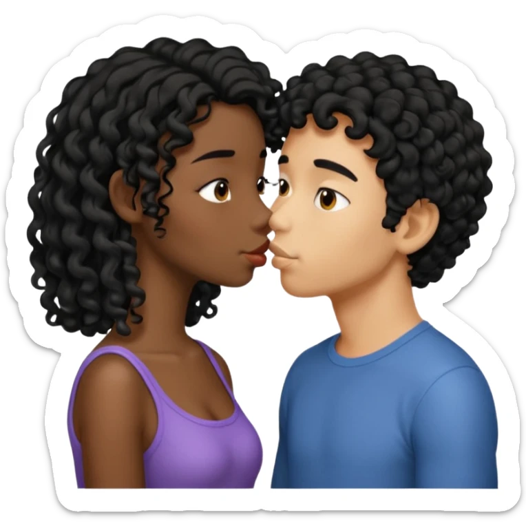 À string man with short straight black hair kissing a shorter girl with long black curly hair sticker