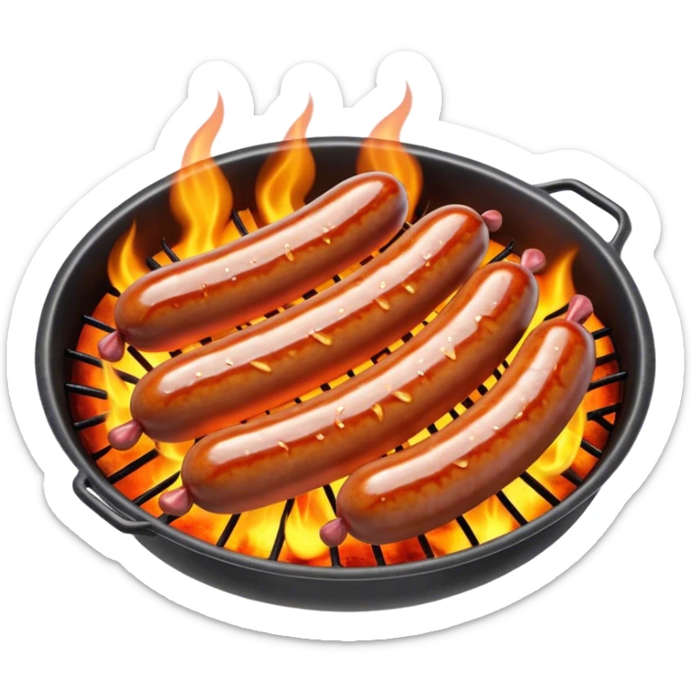 Cinematic Realistic Sausage Sizzle Dish Emoji, featuring sizzling sausages cooking over an open flame rendered with dynamic textures and warm, smoky lighting. sticker