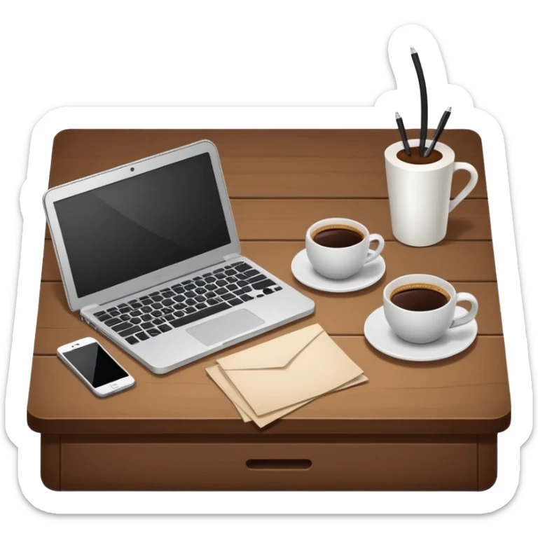 emoji of a cozy desk with a paper, a single coffee, and a laptop on it sticker