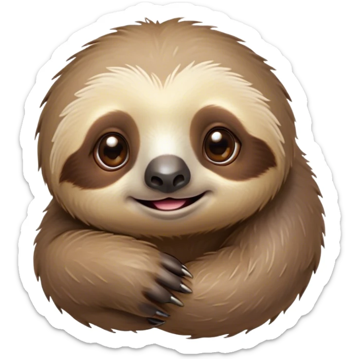 Cinematic Cute Sloth Portrait Emoji, Head tilted playfully and inquisitively, with a delightfully relaxed expression accented by a soft, fuzzy Fur and round, sparkling eyes filled with charm, Simplified yet irresistibly adorable features, highly detailed, glowing with a warm, gentle glow, high shine, affectionate and laid-back, stylized with a touch of whimsical laziness, bright and endearing, soft glowing outline, capturing the essence of a mischievous yet loving sloth that seems as if it could slowly dangle out of the screen into your arms! sticker