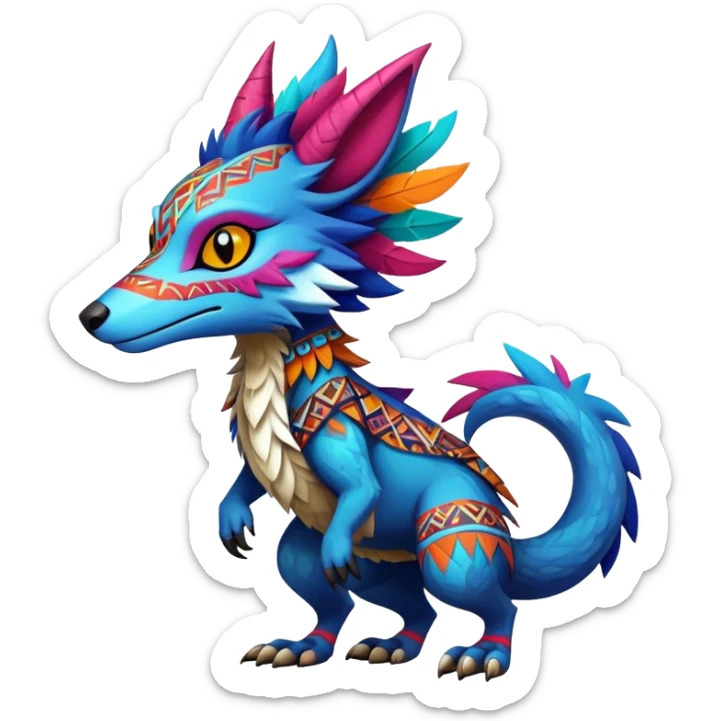 a colorful edgy cute vernid-sergal-fionbri-creature with tribal patterns full body sticker
