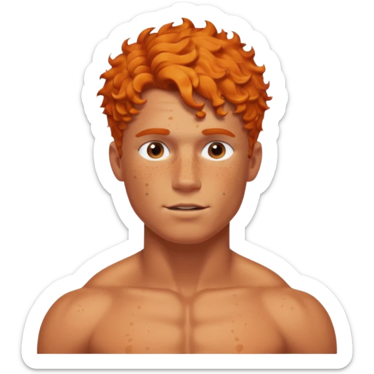 A shirtless muscular White man, with curly Orange short hair, táper Fade cut And FreCles on the face sticker