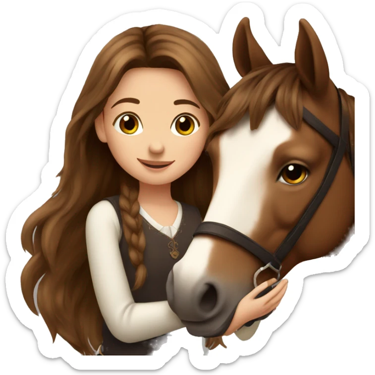 Beautiful Girl long brown hair hug her brown horse sticker