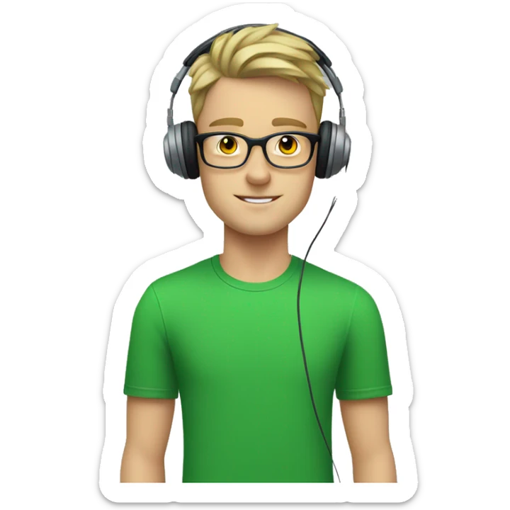 white young man with square glasses and blue eyes wearing green t-shirt with laptop and headphones sticker