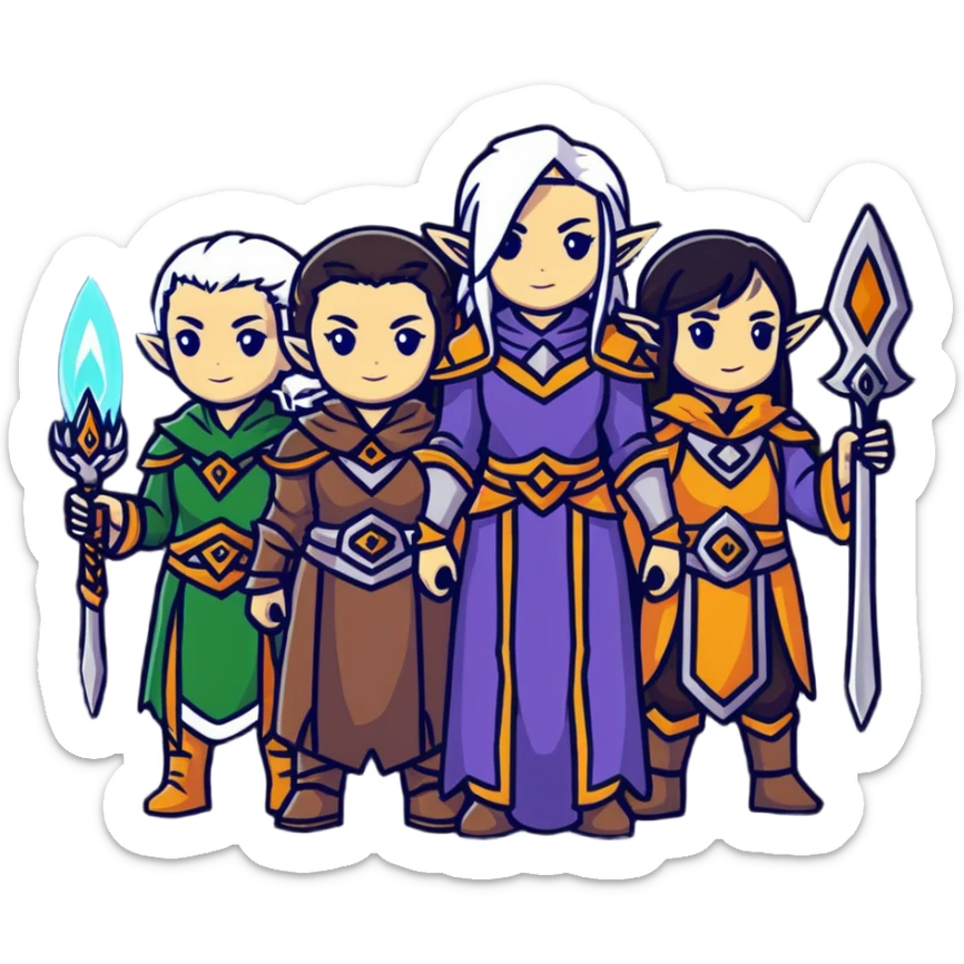 Lineage 2 female characters with Human mystic, Elven ranger, female Dwarf artisan, and Dark Elf sorceress sticker