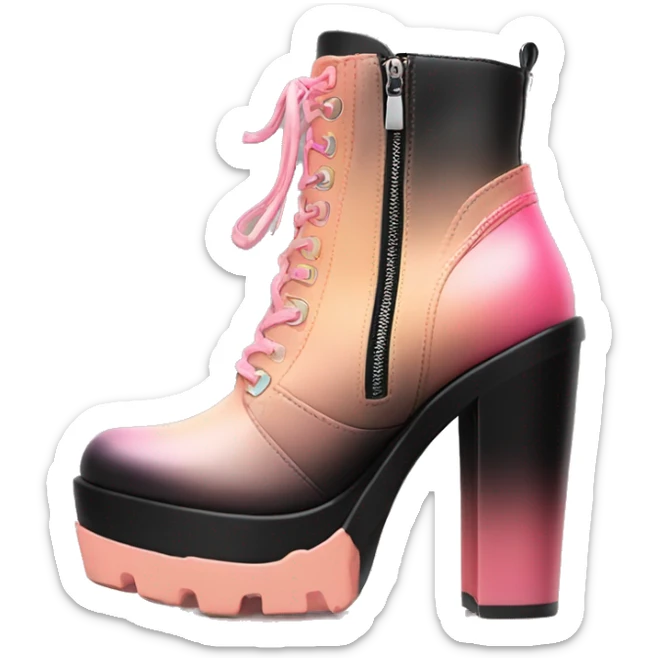Hyper Realistic isolated top front view of a pair  of peach,pink and black ombre chunky heel zippered ankle bootie boots. sticker