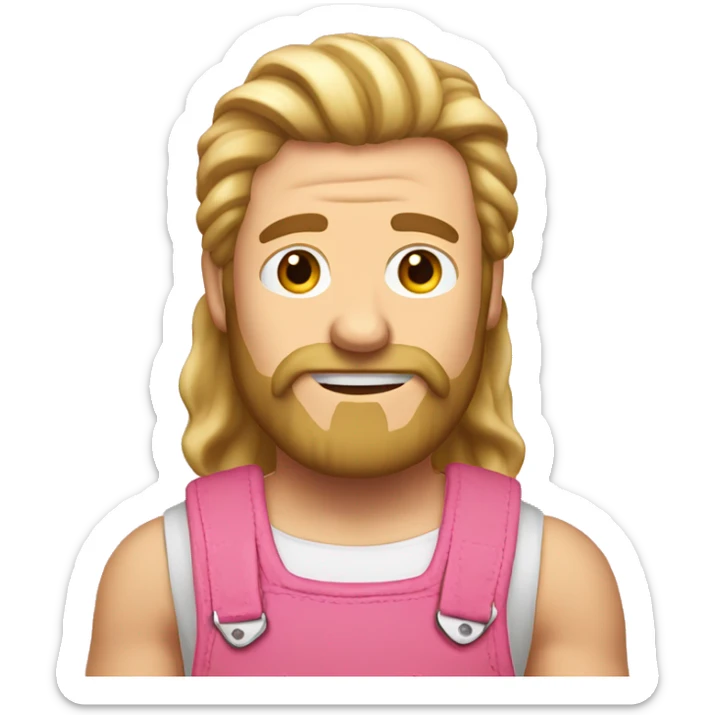 A man with long blonde hair, sideburns wearing a sleeveless pink pair of dungarees and hairy shoulders no beard  sticker