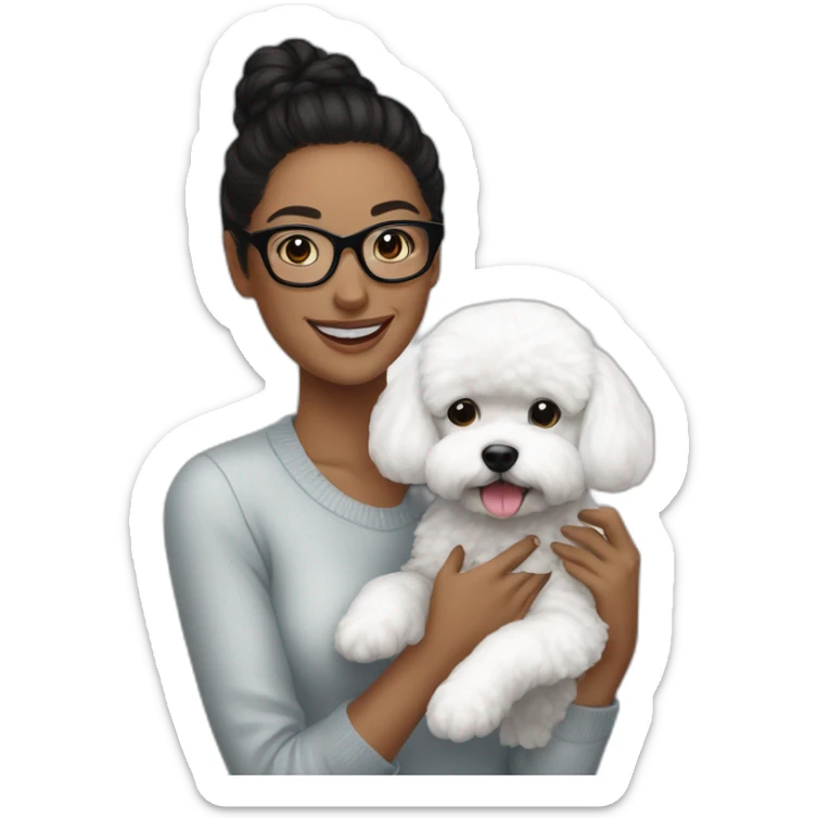 woman-black-hair-bun-with glasses-with bichon dog-white-smile-Christmas sticker