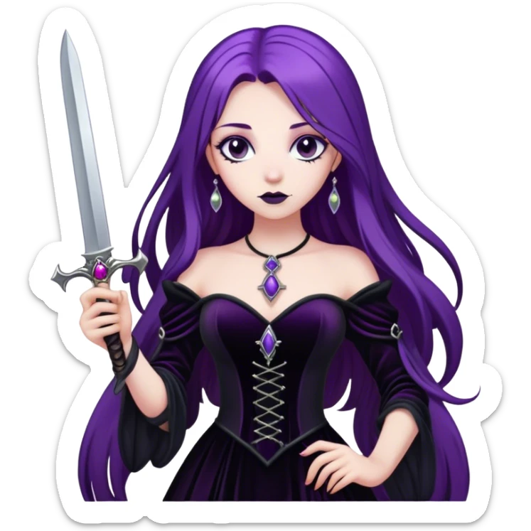 A gothic princess with long purple hair, in a black velvet dress, holding a silver dagger. sticker