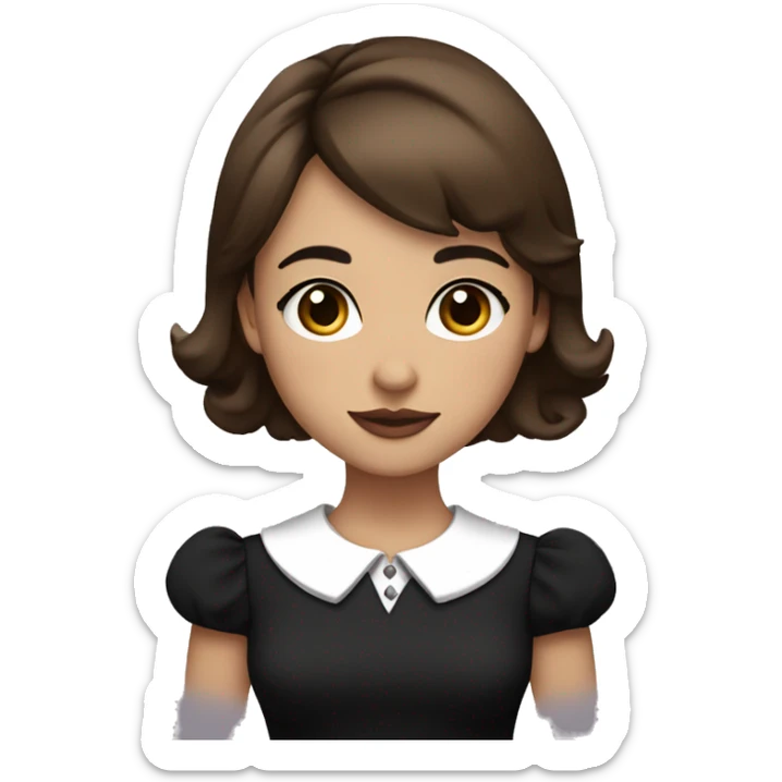 Girl, brown straight shoulder-length hair, plump lips, black eyes, fair skin, in a black dress with a white collar sticker