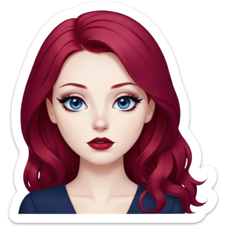 pretty baddie, wine red hair, cute lips, pale skin, long hair, dark blue eyes, bold black eyeliner sticker