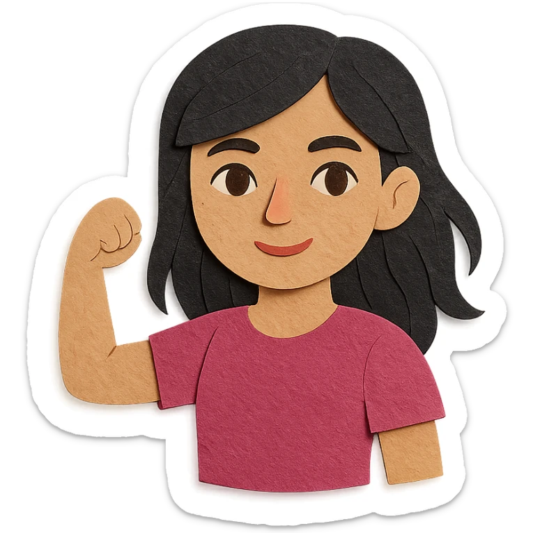 strong girl with brown eyes, flesh-colored skin, long slightly wavy black hair sticker