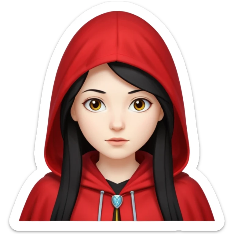 white girl with long straight black hair, white streak in hair, red hooded cloak sticker