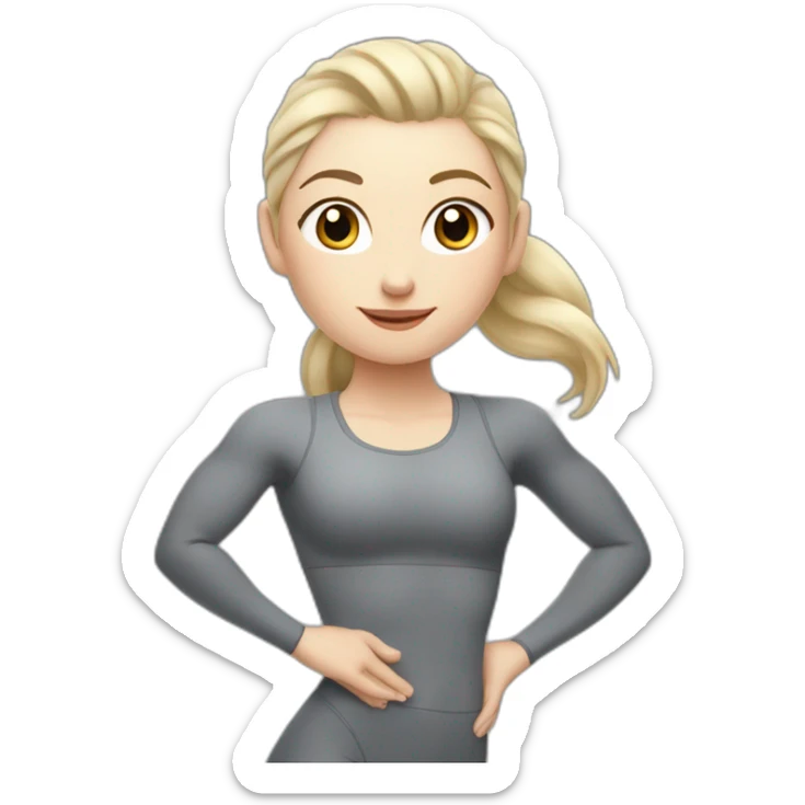 Pale skinned fit woman In a gray tight yoga suit With ash blonde hair in a ponytail doing yoga sticker