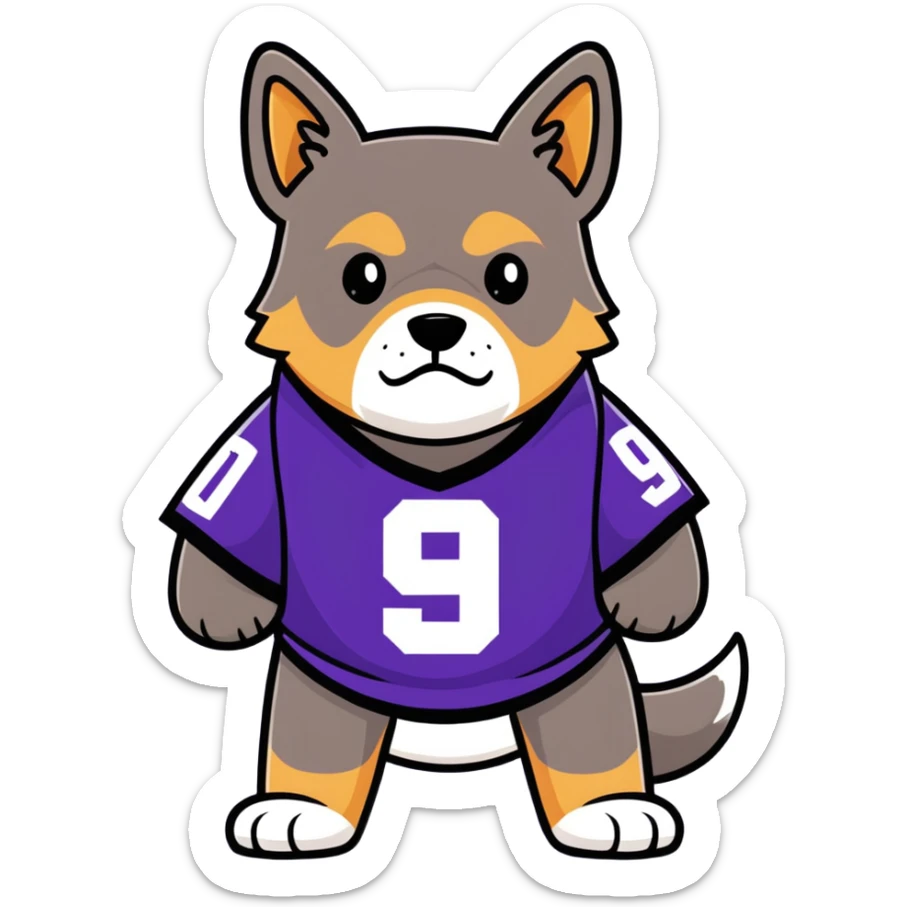 Tough Dog in the street with a purple jersey wearing 9 sticker