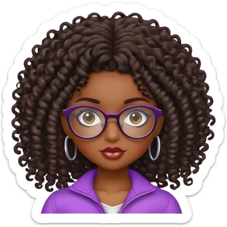 pretty bratz baddie, dark skin, curly hair with glasses sticker
