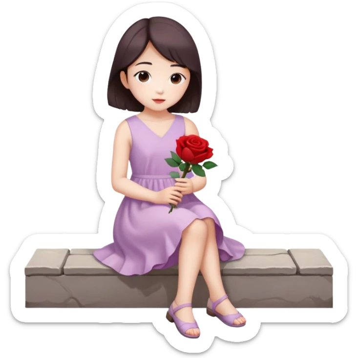Soft light purple dress korean style girl holding a red rose in hands and sitting on the foot paths sticker