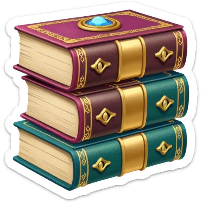 A stack of colorful spellbooks that look like they came out of a fine victorian library sticker