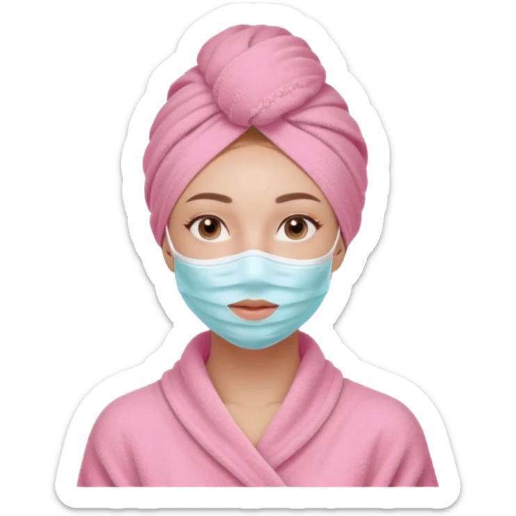 Clean girl influencer character, chest-up portrait, wearing a pink towel wrapped around the head,  skincare mask on her full face, relaxed confident expression, soft glow skin, minimal chic aesthetic, subtle beauty accessories, calm self-care vibe sticker