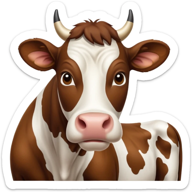 cinematic-noble-brown-and-white-cow-portrait-emoji,-poised-and-regal,-with-a-large,-sturdy-build-and-a-beautifully-patterned-hide-of-rich-brown-accented-by-crisp-white-patches,-deep-set-soulful-brown-eyes,-simplified-yet-sharp-and-sophisticated sticker