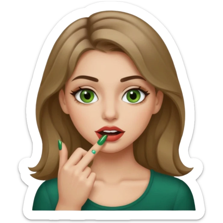 Ragazza bionda scuro con gli occhi marroni/verdi,truccata con un unghia fra i denti sticker