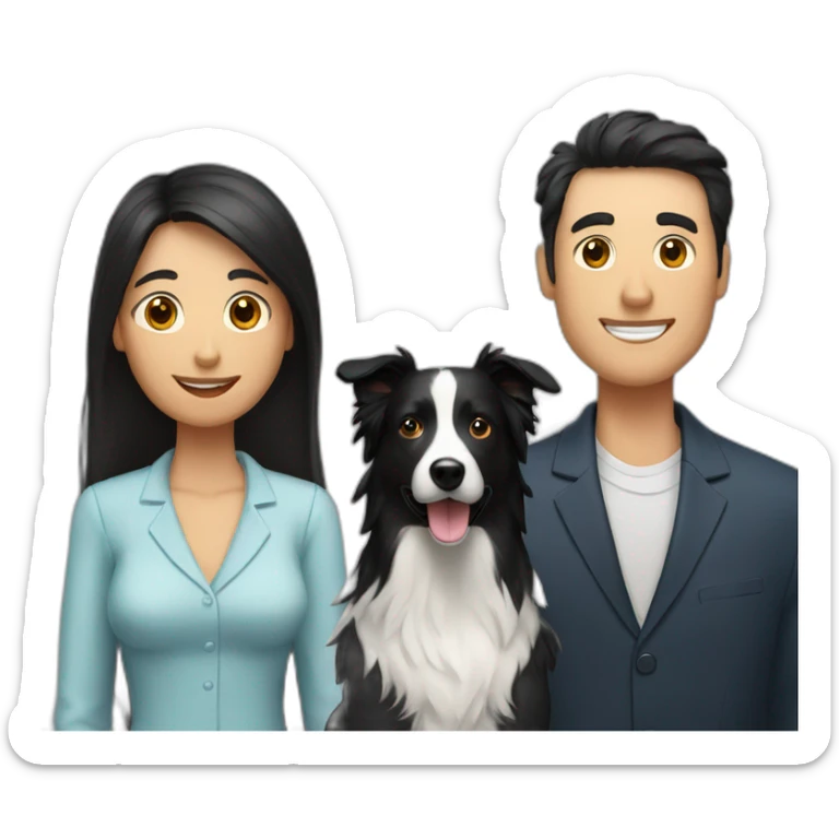 Family formed by a White man with hat and a White woman with long black hair and one small black dog border collie sticker