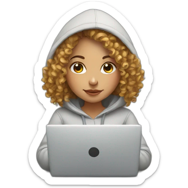 european curly girl wearing a hoodie working on a laptop sticker