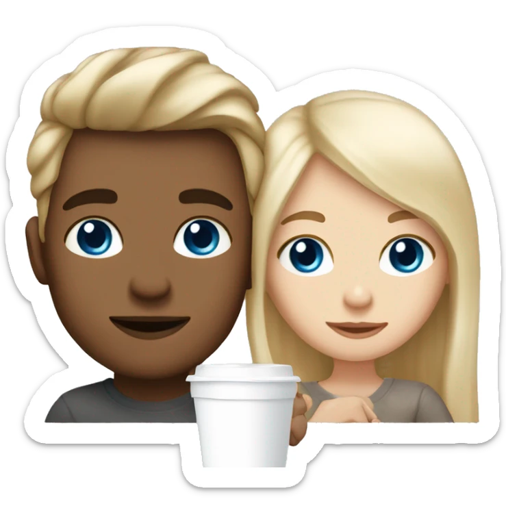 blonde hair with blue eyes boy and girl brunnete with brown eyes girl, both white skin drinking latte sticker